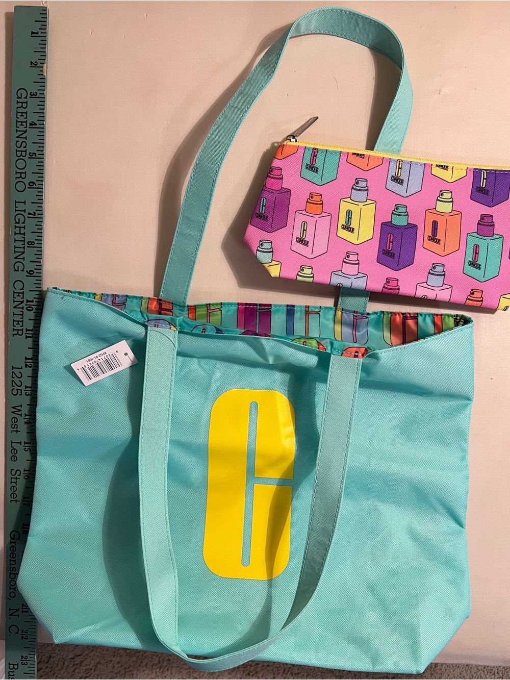 Clinique Mint Green Tote with Yellow Logo and Pink Cosmetic Pouch NWT